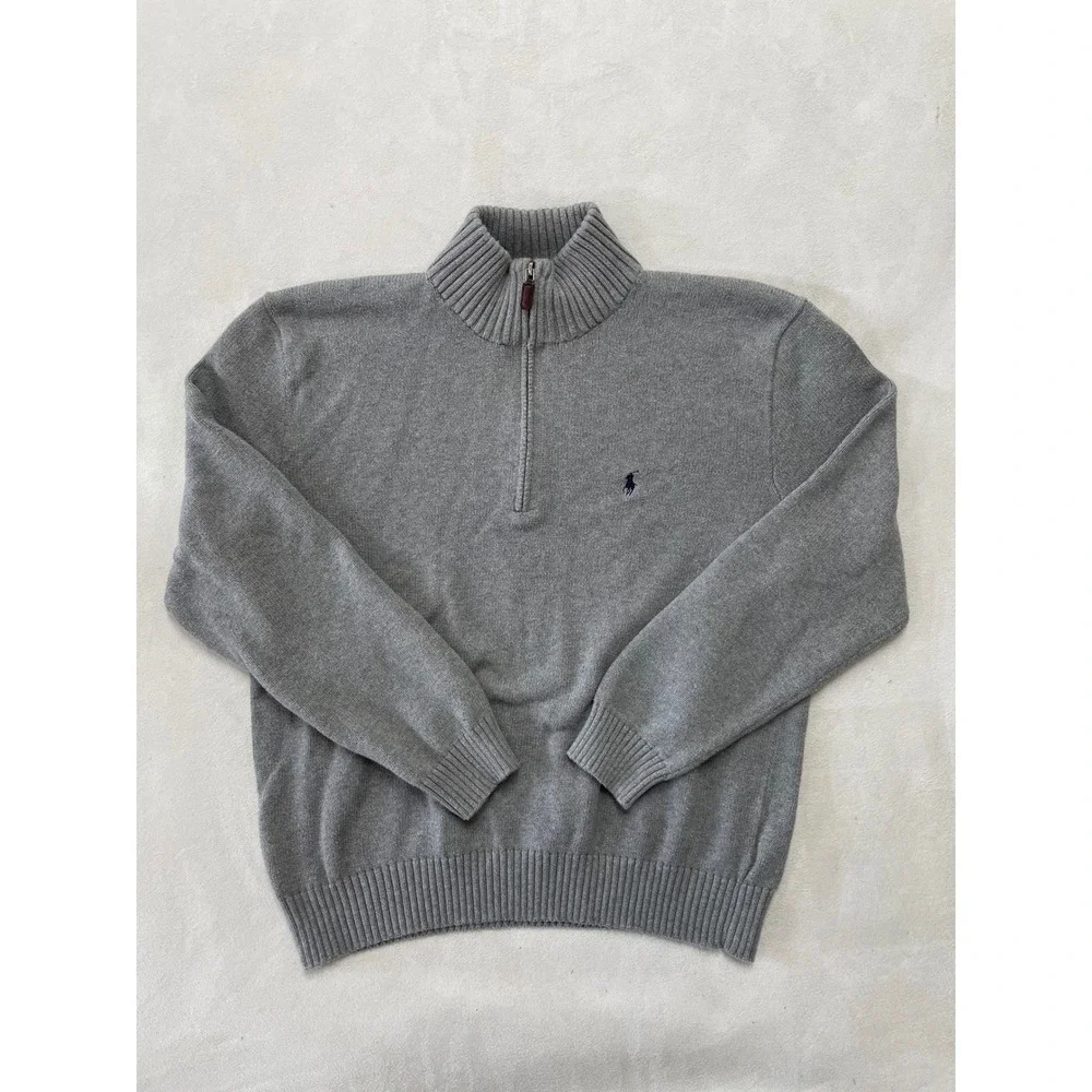 Polo Ralph Lauren Men XL Gray 100% Cotton Quarter Zip Sweater Leather Pull